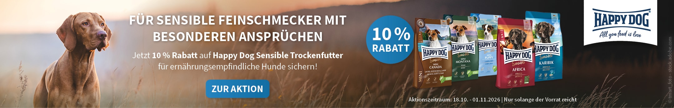 Jetzt 10 % Rabatt auf Happy Dog Sensible Trockenfutter!